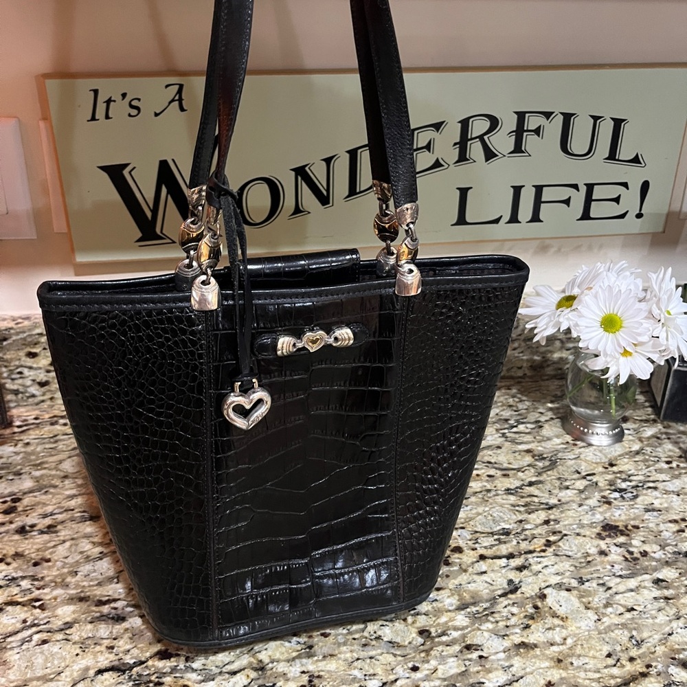 Unique BRIGHTON Black Croc-Embossed Leather Tote Bag